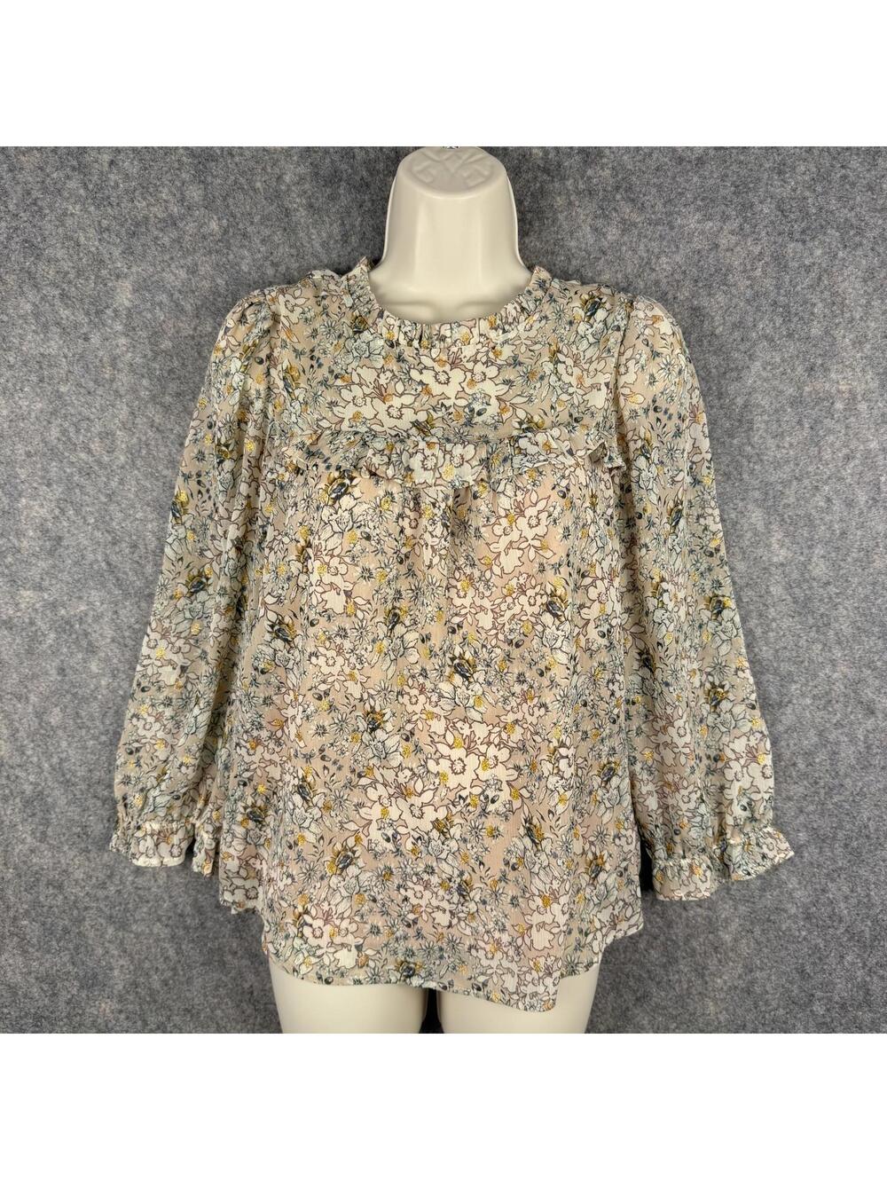 Ruffled Neck Puffed Sleeve Blouse Top Beige Floral Large Fairy Forest Elfin 114